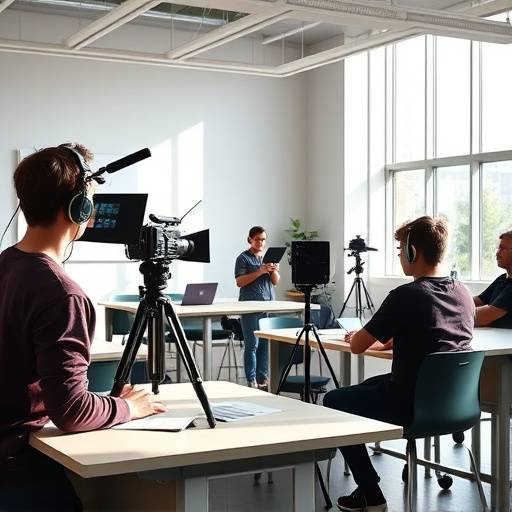 Étudiants apprenant les aspects de la production audiovisuelle dans une salle de classe équipée.